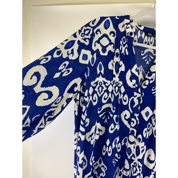 ZARA Blue Print Mini Dress Button Oversized Ruffle Peplum Pintuck Womens Large - Picture 3 of 12